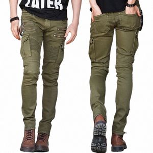 Mäns jeans Green Denim Biker Jeans Skinny New Runway Distred Slim Elastic Homme Hip Hop Military Motorcycle Cargo Pants P1FU#