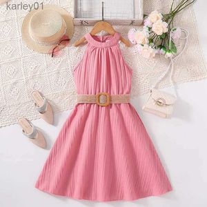Girl's Dresses Fashion For 4-12Ys Kids Outfit Pink Sleeveless Skirt Belt For Cute Girls Summer Vacation Party Or Korean Style Daily Dress yq240327