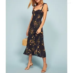 Casual Dresses For Women Elegant Vintage Floral Dress Frill Sweetheart Neck Sleeveless Strap Tie Ruffle Hem Summer Beach