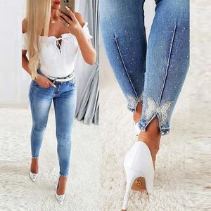 Kadınlar kot varışlar retro moda trend bahar yaz giyim düz renk rhinestone boncuklu bowknot bölünmüş sıkı