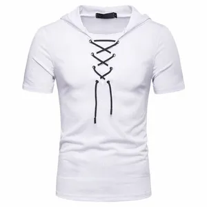 new European And American Men's Hooded Loose Tie Up Hip-hop Casual Short Sleeved T-shirt L8Wq#