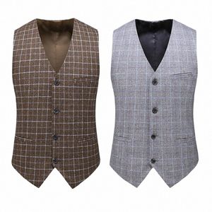 Lã masculina Check Suit Vest Retro Tweed Groom Vest Groomsman Wedding Vest M7an #