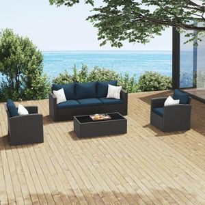 Camp Furniture 4-teiliges Terrassen-Set, Tisch, Hinterhof, Camping, Holz, Garten, Pool, Korbgeflecht, Outdoor-Sofa, Blau, Esszimmer