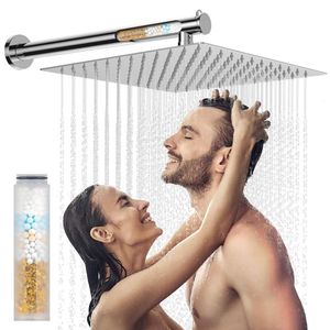 Makefit Braccio di Estensione per Filtro Tutto in Metallo, Soffione ad Alta Pressione da 30,48 cm, Braccio da 40,64 cm con Filtro per Acqua Dura, Soffione Doccia a Cascata Quadrato Grande in Acciaio Inossidabile