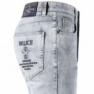 Nya vintermän jeans stretch fi casual super kvalitet broderi rak ben 99%Cott Loose Big Size 42 Bruce Shark S7YB#