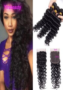 Indian Virgin Human Hair Three Bundles With 5x5 spetsstängning Deep Wave Three Middle del 4 Piecelot Deep Curly Natural Color5487390