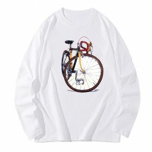 spring Autumn Fixed Gear Bicycle Cyclist Painting T-Shirt Men Lg Sleeve Road Bike Sport Lover White Casual Tees Vintage Tops u5gS#