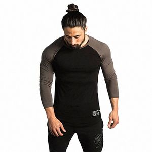 mens Running Sport Shirts Gym Fitn Muscle Splicing Lg Sleeve T shirt Male Jogging Training Tee Tops Sportswear Clothing V5z9#