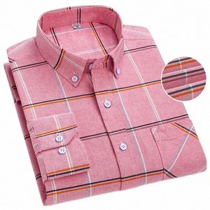 100% Cott Camisa Masculina Oxford Tecido Listra Xadrez Sólida Fi Casual Camisas de Manga LG Primavera Outono Dr Único Breasted X9wf #