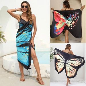 Vestidos casuais para mulher elegante impresso colorido borboleta envoltório vestido sexy mulheres swimwear maiô cover-ups beachwear