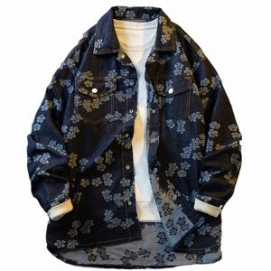 american Vintage Retro Printed Denim Shirt Jackets Men's Loose Casual High Street Persality Jacket Men Overcoat Male Clothes 69Zs#