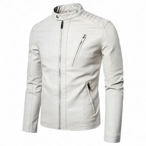 Spring Autumn Men's MotorCycle Läderjacka Solid Stand Collar Jackets FI Casual Trend White Windproof Coat Streetwear C0RZ#