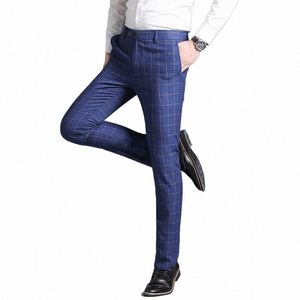 Formell kontorsbusin rak casual Slim Fi Plaid Mens Suit Patns High-End Brand Groom Wedding Dr Male Trousers V4YM#