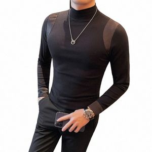 Koreańska koszulka FI Patchwork dla mężczyzn LG Slime Slim Fit Casual T-shirts Busin Social Wszechstronna koszula bazowa Mężczyźni M-4xl B2C9#