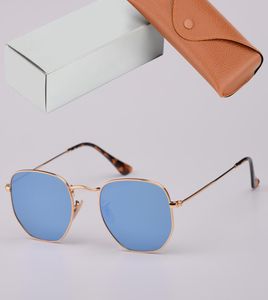 Top-Qualität sechseckige Sonnenbrille Männer Frauen flache Glaslinsen Sonnenbrille für Mann Frau mit Lederetui9367219