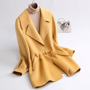 Женская шерстяная смеси высокого качества женского большого пальто осени и зимнее кашемировое пальто с двойным лицом средней длины
