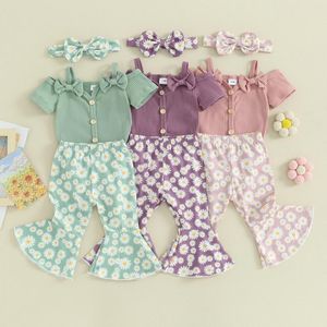 Conjuntos de roupas Crianças Bebê Meninas 3 Pcs Manga Curta Bow Front Button Romper Flare Calças Hairband Set Criança Macacões de Algodão