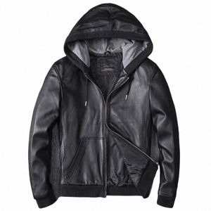 Neuer Stil High-End-Schafslederjacke mit Kapuze Leder Herren Kurzmantel mit Kapuze Frühling und Herbst Sport lässig FI Leder Z3eF #