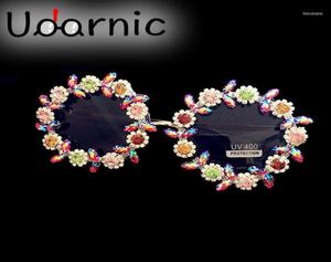 Солнцезащитные очки с кристаллами и цветком, круглые, золотые, модные, вечерние, винтажные, дизайнерские, очки для женщин и детей, для девочек, 04384113009068