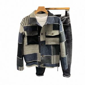 American Casual Patchwork Farbe Ctrast Revers Jacke Trend Cityboy Fiable Collage Denim Mantel Arbeitskleidung Vielseitige Herren Top 794g #