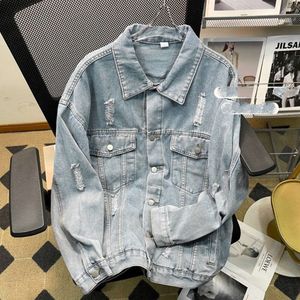 High Street Distressed Denim Men's Trendy Printed Casual Jacket, Spring Autumn New American Loose Fit och stilig topp