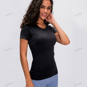 LU1U女性ヨガTシャツレディースTシャツ高弾性通気性ランニングトップクイック乾燥シームレススポーツバイクフィットネススーツLUスリム