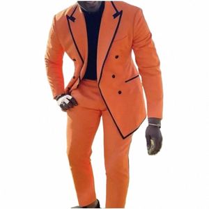 fi Orange Men Suits 2 Pieces Black Trimming Peaked Lapel Costume Homme Wedding Groom Tailored Made Blazer Sets k4sj#