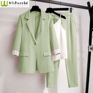 Sommer Dünne Jacke Blazer Casual Hosen Weiße Weste 3 stücke Set Elegante Frauen Anzug Büro Arbeit Kleidung Outfits Trainingsanzug 240327