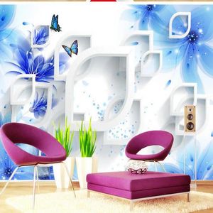 Sfondi Fiore blu Farfalla Murale Po Roll per soggiorno Decorazioni per la casa Carta floreale 3 D Papel Pared