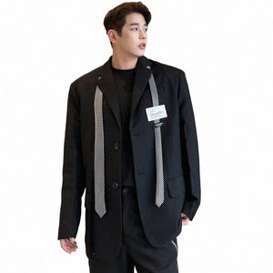iefb Male Suit Jackets Persalized Stripe Tie Decorati Turn-down Collar Ctrast Color Baggy Men's Blazer Niche Design 9C4781 92FM#
