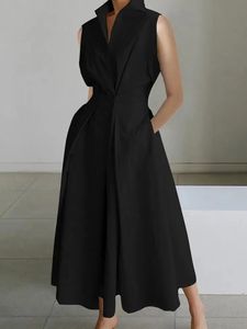 Bohohipei 2024 Female Fashion Chic Solid Color TieWaist Lapel Dress Summer Sleeveless Casual Simple ALine Midi Dresses 240325