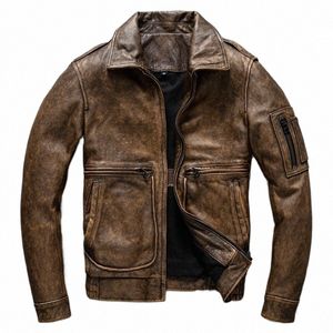 new Top Layer Cowhide Retro Leather Men's Short Brown Old-Fied Motorcycle Suit Lapel Motorcycle Leather Jacket Fi K0tg#