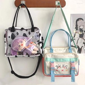 Axelväskor kvinnor 2024 flicka kawaii nylon tyg väska mode vattentät pvc shopper crossbody söt tecknad ko tryck handväskor