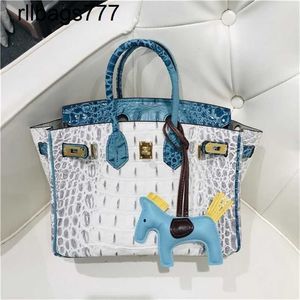 Handväska äkta läder BK 2024 Cowhide Women's Fashion Combination Color Bag Crocodile Bone Mönster Kontrast Tote axel