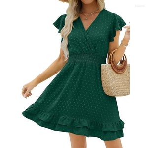 Festklänningar v-ringning kort ärm dot klänning sommar hög midja vit söt casual bomull linne strand mini ruffle vestidos 25628