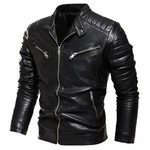 2022 Zimowa czarna skórzana kurtka mężczyzna FURE WŁAŚCIWA KURTA MOTORCYKU SLIM STREET FI Black Biker Płaszcz plisowany Zipper C0DY#