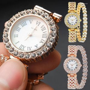 Zegarek 2pcs luksusowe diamenty zegarek bransoletki dla kobiet kwarcowe zegarki marki damskie kryształowy sukienka różowy zegar na nadgarstek Relogio feminino