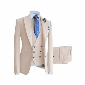 Lansboter Beige Men's Suit 3st Solid Color Single Breasted Slim Montering Busin Banket Wedding Dr Jacket Vest With Pants X2UI#