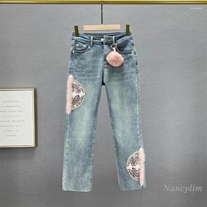 Women's Jeans Fleece Denim Straight-Leg Pants 2024 Winter Stretchy High Waist Slimming BF All-Match Embroidery Cropped