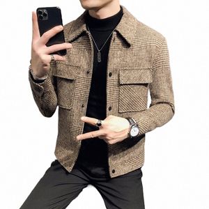 2023Autumn/Winter Men Polo Neck Woolen Jacket FI Slim Fit Suit Coat Highquality Checkered Multi Pocket Korean Casual Jacket O4er#