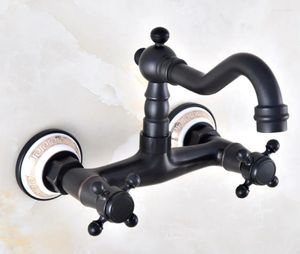 Bathroom Sink Faucets Black Oil Rubbed Bronze Kitchen Faucet Wall Mounted Tap Vessel Mixer Swivel Spouts Basin Tnf871