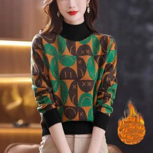 Korean Autumn Winter Plush Thickened Half High Neck Sweater Womens Print Screw Thread Patchwork Long Sleeved Warm Knit Top 240326