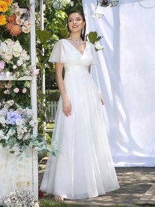 Simple Ivory Bridesmaid Dresses Women A-Line Puffer Short Sleeve V-Neck Pleat Tulle Open Back Wedding Party Gowns with Belt240327