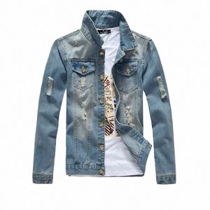 Herren-Jeansjacke, koreanischer Stil, trendiger Geist, blauer Lochmantel, Jeansjacke, Mantel, große Jeansjacke, helle Herren-S3KG#