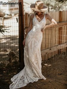 Bohemian V-Neck Spaghetti Straps Mermaid Wedding Dresses Backless Appliques Lace Country Boho Bridal Gowns