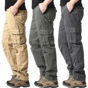 Solid Cot Cott Multi Flap Pockets Męskie spodnie na nogi, luźne swobodne spodnie na zewnątrz, męskie spodnie robocze na zewnątrz streetwear J71X#