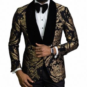 W magazynie kwiatowej marynarki ślubnej dla mężczyzn Slim Fit Handel z Veet Shawl Lapel African Fi Groom's Tuxedo 2024 R16W#