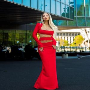 Work Dresses Women Fashion Summer Black&Red&White Sexy Two Pieces Backless Full Sleeves Super-Short Top&Fit Long Skirt Celebrity Party Set