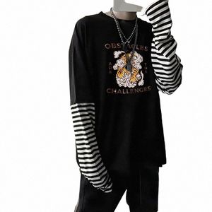 men Women Tiger Graphic Print T Shirt Lg Sleeve Fake Two Piece Persality Tops Summer Striped O-neck Tshirts Streetwear Y89C#