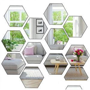 Aynalar 12 PCS/Lot 3D Ayna Duvar Çıkartmaları Altıgen Şekiş Akrilik Çıkarılabilir Çıkarma Çıkarma Diy Ev Dekorasyon Sanat Süsleri Deliv Dhu7r